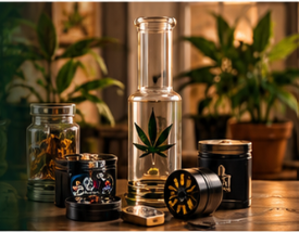 Glass accessories arranged on a wooden table with lush green plants